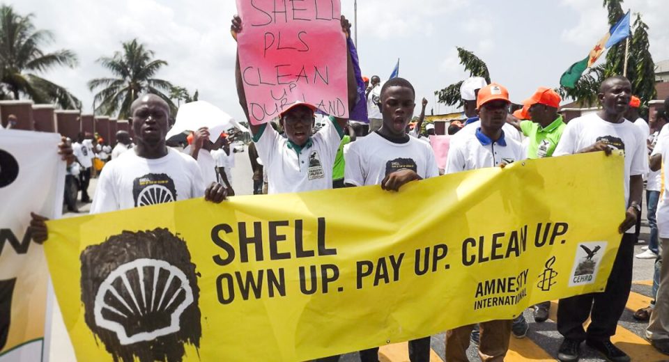 A protest over shell's activities in the Niger Delta (Credit: https://www.climateandcapitalmedia)