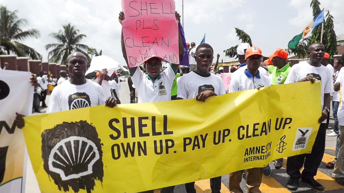 A protest over shell's activities in the Niger Delta (Credit: https://www.climateandcapitalmedia)