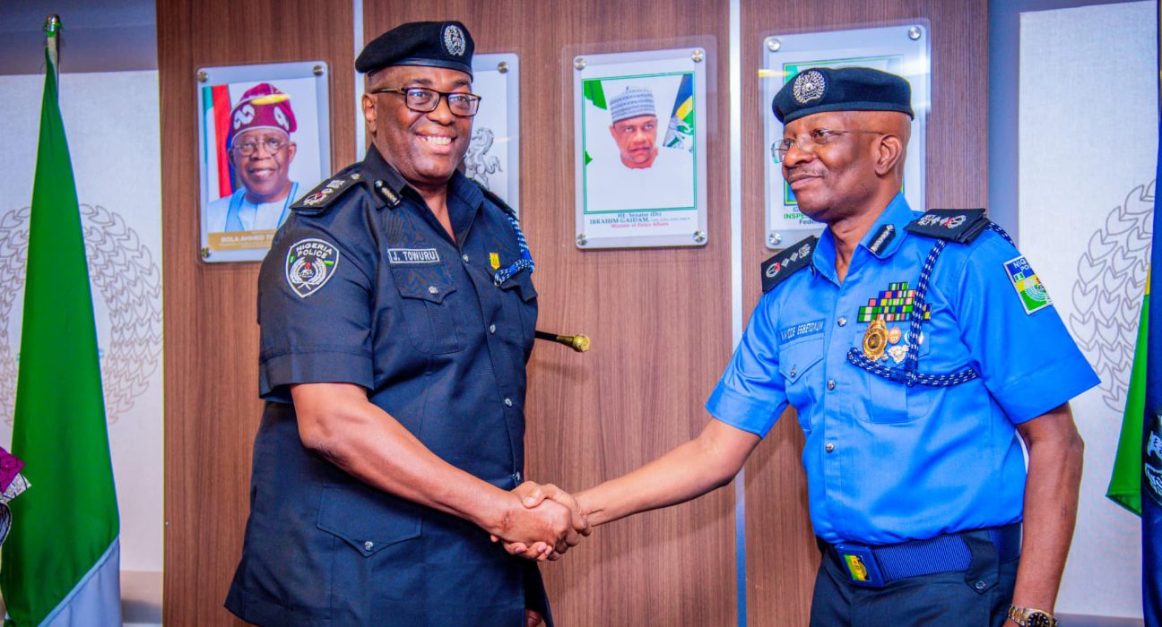 DIG FCID, Jonathan Towuru and the IGP, Kayode Egbetokun at the formal decoration of Mr. Towuru as a Deputy Inspector-General of Police at the Louis Orok Edet House in Abuja, FCT. 22/01/2025. (Credit: FB/Nigeria Police Force)