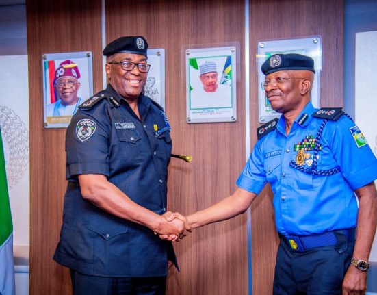 DIG FCID, Jonathan Towuru and the IGP, Kayode Egbetokun at the formal decoration of Mr. Towuru as a Deputy Inspector-General of Police at the Louis Orok Edet House in Abuja, FCT. 22/01/2025. (Credit: FB/Nigeria Police Force)