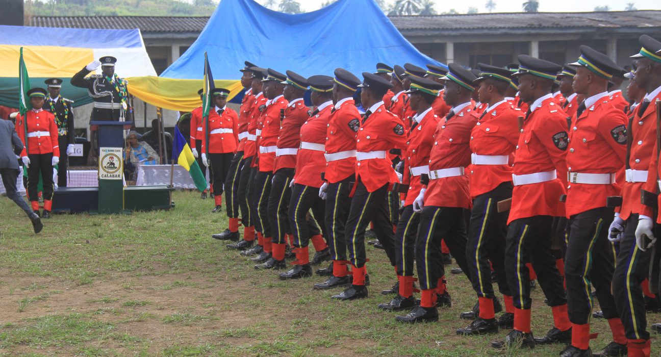 Newly proclaimed Constables salute the AIG Zone 6 Command, Mustapha Bala, the representative of the Inspector-General of Police, Kayode Egbetokun at their passing out parade at the Police Training School, Odukpani, Cross River State. 1,033 Constables from four states were trained for six months at the institution. 23/01/2025 (Credit: CrossRiverWatch/Jonathan Ugbal)