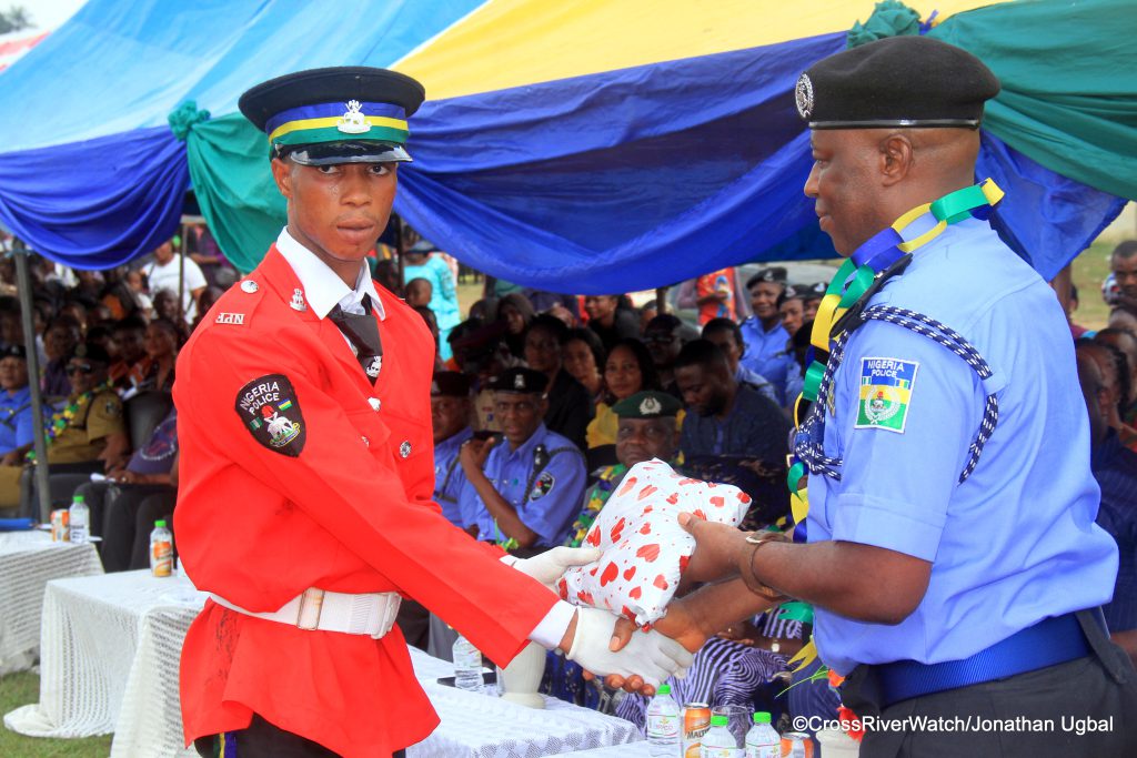 PC Marshall Asuquo, a native of Onna in Akwa Ibom State receives the award of "Most Disciplined and Well-behaved Male Recruit" presented by CP Gyongon Grimah at the PTS Odukpani POP for Constables. 23/01/2025. (Credit: CrossRiverWatch/Jonathan Ugbal)