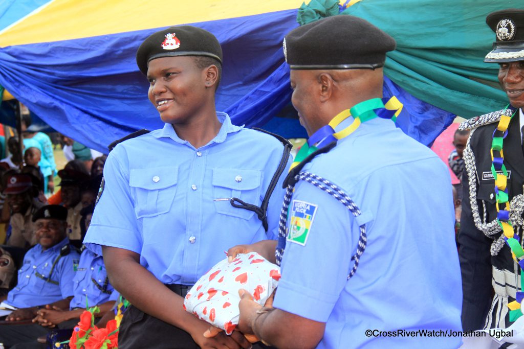 PC Ebikefe Agene, a native of Sagbama in Bayelsa State receives the award of "Most Disciplined and Well-behaved Female Recruit" presented by CP Gyongon Grimah at the PTS Odukpani POP for Constables. 23/01/2025. (Credit: CrossRiverWatch/Jonathan Ugbal)