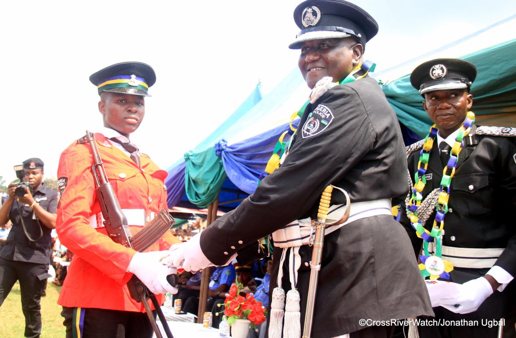 PC Onyekwere Goodness Chinenye, born in Obubra in Cross River State receives the award for "Overall Best In Academics" presented by AIG Mustapha Bala at the PTS Odukpani POP for Constables. 23/01/2025. (Credit: CrossRiverWatch/Jonathan Ugbal)