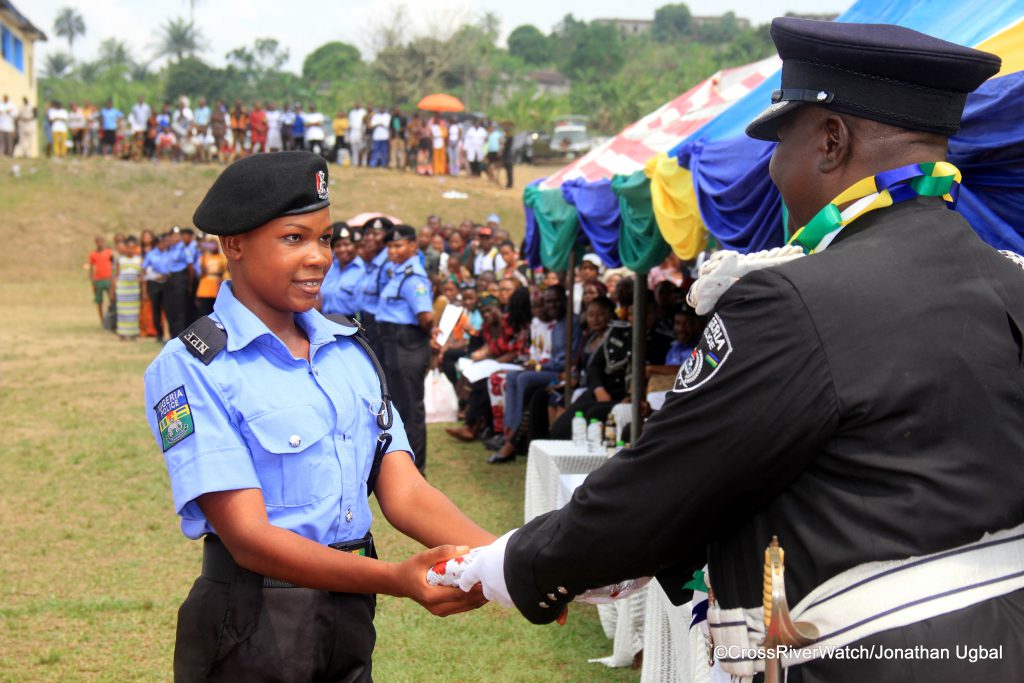 PC Eni-Obong Clement, native of Onna in Akwa Ibom State receives the award for "Commandant's Daughter" presented by AIG Mustapha Bala at the PTS Odukpani POP for Constables. 23/01/2025. (Credit: CrossRiverWatch/Jonathan Ugbal)