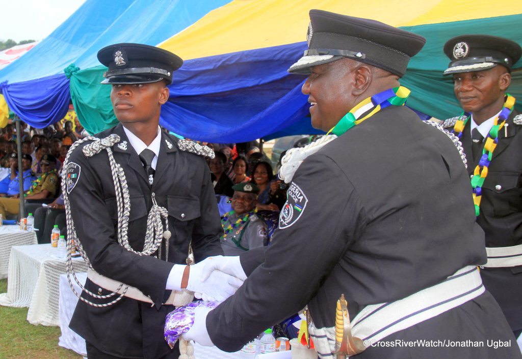 PC Esi Tekong Kufre, a native of Onna in Akwa Ibom State receives the award for "Best Recruit In Drill" presented by AIG Mustapha Bala at the PTS Odukpani POP for Constables. 23/01/2025. (Credit: CrossRiverWatch/Jonathan Ugbal)