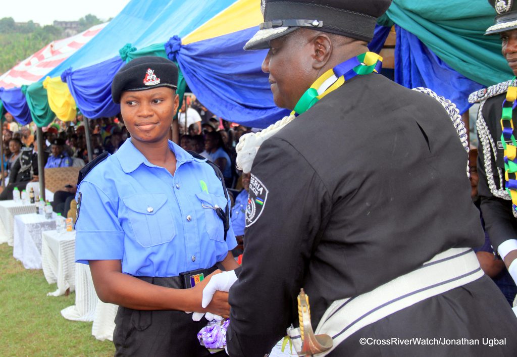 PC Godslove Ephraim, born in Obudu of Cross River State receives the award for "Most Dedicated Recruit" presented by AIG Mustapha Bala at the PTS Odukpani POP for Constables. 23/01/2025. (Credit: CrossRiverWatch/Jonathan Ugbal)