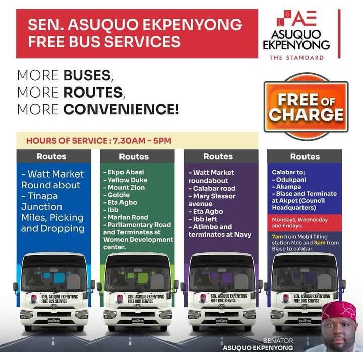 Promotional flier for the new routes of the Senator Asuquo Ekpenyong Free Bus Service