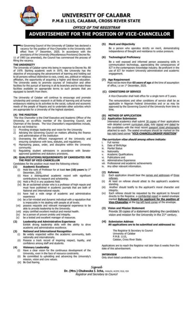 The Advertisement For The Position of Vice Chancellor by the Governing Council of the University of Calabar
