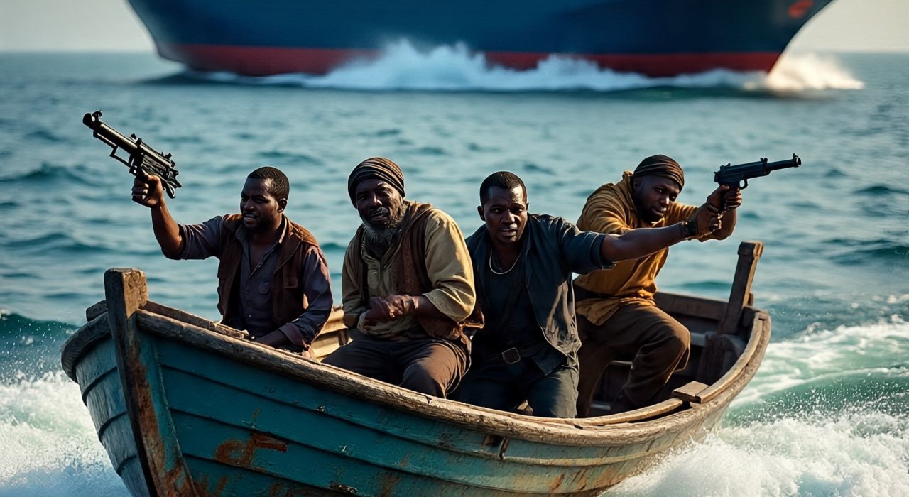 Image of a passenger ferry being chased by a speedboat with armed Nigerian pirates on board