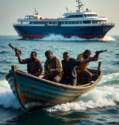 Image of a passenger ferry being chased by a speedboat with armed Nigerian pirates on board