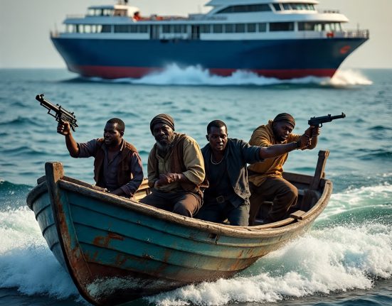 Image of a passenger ferry being chased by a speedboat with armed Nigerian pirates on board