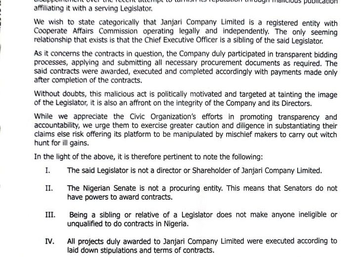 Janjari Company Limited denies links to Senator Jarigbe Agom, calling allegations "malicious". The company says it's a separate entity that participated in transparent bidding for contracts worth NGN630m+.