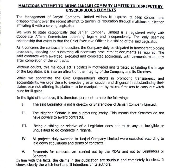 Janjari Company Limited denies links to Senator Jarigbe Agom, calling allegations "malicious". The company says it's a separate entity that participated in transparent bidding for contracts worth NGN630m+.